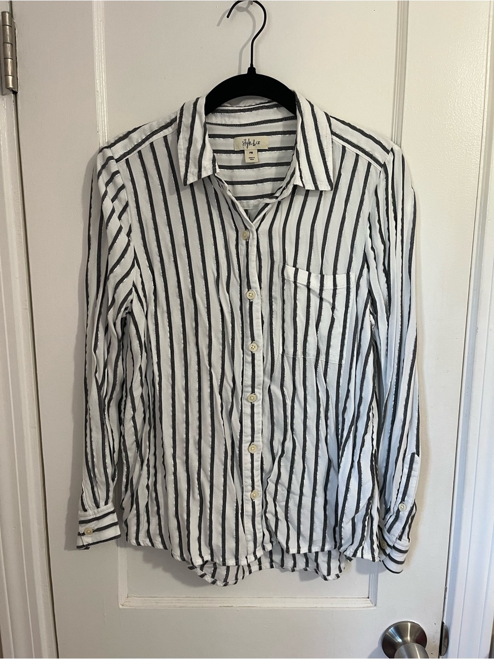 Style & Co. White and Grey Metallic Vertical Stripe Button-Down Shirt